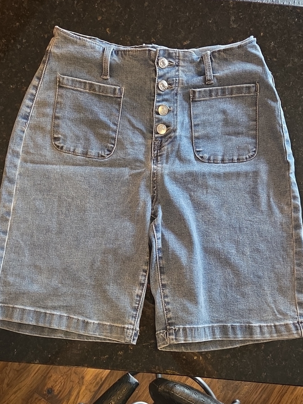 High-Waist Denim Bermuda Shorts in Light Blue